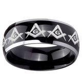 10mm Masonic Square and Compass Dome Glossy Black 2 Tone Tungsten Carbide Engraved Ring