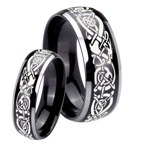 His Hers Celtic Knot Dragon Dome Glossy Black 2 Tone Tungsten Mens Ring Set