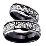 His Hers Celtic Knot Dragon Dome Glossy Black 2 Tone Tungsten Mens Ring Set