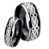 His Hers Celtic Knot Dome Glossy Black 2 Tone Tungsten Personalized Ring Set