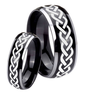 His Hers Laser Celtic Knot Dome Glossy Black 2 Tone Tungsten Bands Ring Set