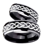 His Hers Laser Celtic Knot Dome Glossy Black 2 Tone Tungsten Bands Ring Set
