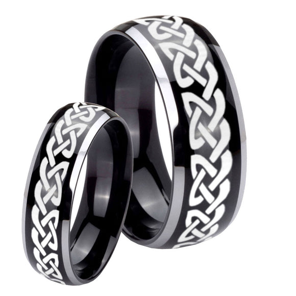 His Hers Celtic Knot Love Dome Glossy Black 2 Tone Tungsten Bands Ring Set