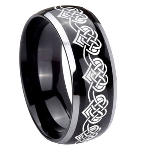 10mm Celtic Knot Heart Dome Glossy Black 2 Tone Tungsten Carbide Engraved Ring