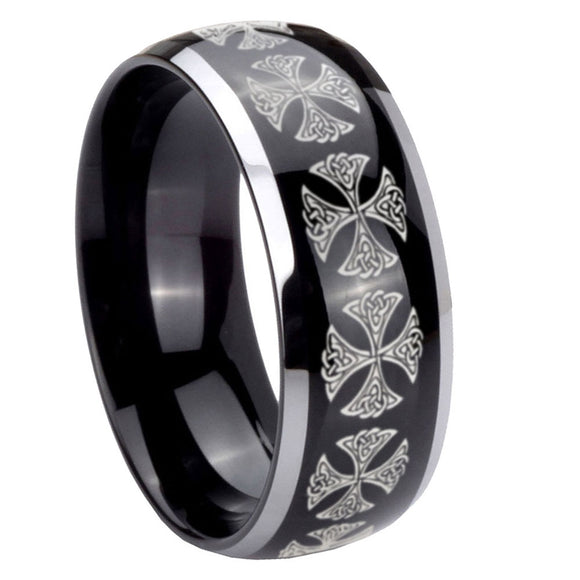 10mm Medieval Cross Dome Glossy Black 2 Tone Tungsten Carbide Engraved Ring