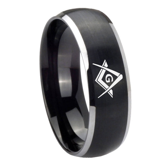 8mm Freemason Masonic Dome Brushed Black 2 Tone Tungsten Personalized Ring