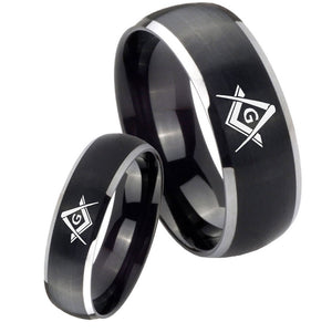 His Hers Freemason Masonic Dome Brushed Black 2 Tone Tungsten Rings Set