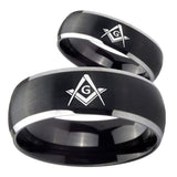 His Hers Freemason Masonic Dome Brushed Black 2 Tone Tungsten Rings Set