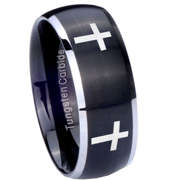 8mm Crosses Dome Brushed Black 2 Tone Tungsten Carbide Mens Ring Personalized