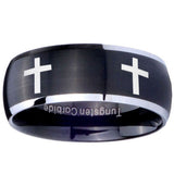 8mm Crosses Dome Brushed Black 2 Tone Tungsten Carbide Mens Ring Personalized