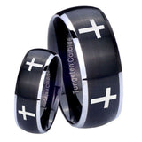 His Hers Crosses Dome Brushed Black 2 Tone Tungsten Mens Wedding Ring Set