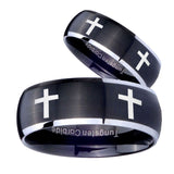 His Hers Crosses Dome Brushed Black 2 Tone Tungsten Mens Wedding Ring Set