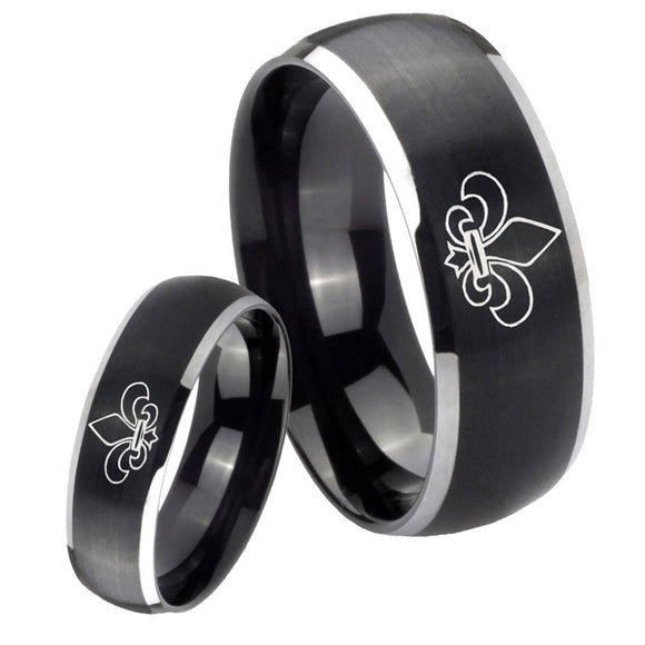 His Hers Fleur De Lis Dome Brushed Black 2 Tone Tungsten Engraved Ring Set