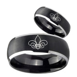 His Hers Fleur De Lis Dome Brushed Black 2 Tone Tungsten Engraved Ring Set