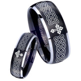 His Hers Celtic Cross Dome Brushed Black 2 Tone Tungsten Mens Ring Engraved Set