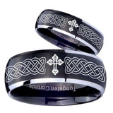 His Hers Celtic Cross Dome Brushed Black 2 Tone Tungsten Mens Ring Engraved Set