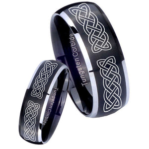 His Hers Celtic Knot Dome Brushed Black 2 Tone Tungsten Engagement Ring Set