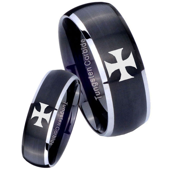 His Hers Maltese Cross Dome Brushed Black 2 Tone Tungsten Men's Band Ring Set