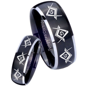 His Hers Master Mason Masonic  Dome Brushed Black 2 Tone Tungsten Mens Ring Set