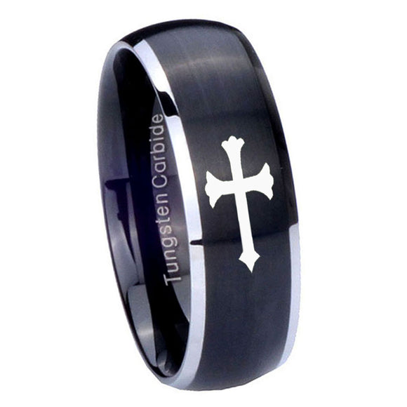 8mm Christian Cross Dome Brushed Black 2 Tone Tungsten Mens Wedding Band