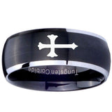 8mm Christian Cross Dome Brushed Black 2 Tone Tungsten Mens Wedding Band