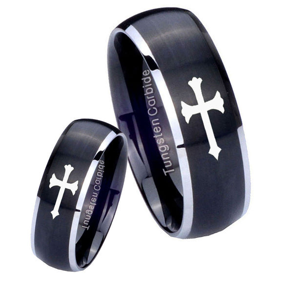 His Hers Christian Cross Dome Brushed Black 2 Tone Tungsten Men Ring Set