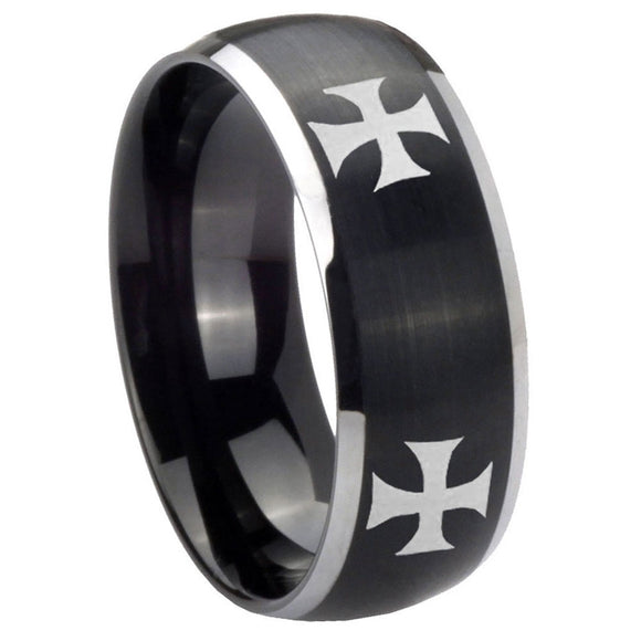 8mm 4 Maltese Cross Dome Brushed Black 2 Tone Tungsten Personalized Ring