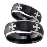 His Hers 4 Maltese Cross Dome Brushed Black 2 Tone Tungsten Rings Set