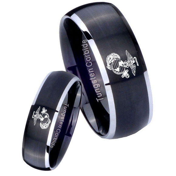 His Hers Marine Dome Brushed Black 2 Tone Tungsten Wedding Engagement Ring Set