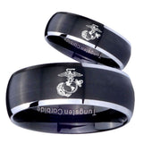 His Hers Marine Dome Brushed Black 2 Tone Tungsten Wedding Engagement Ring Set