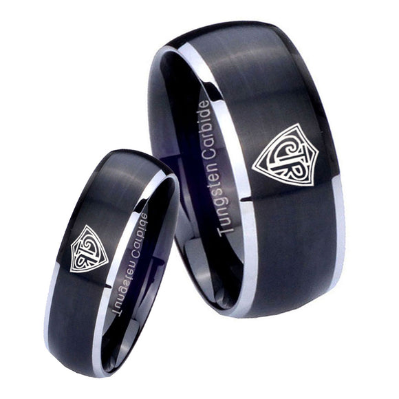 His Hers CTR Dome Brushed Black 2 Tone Tungsten Wedding Engraving Ring Set