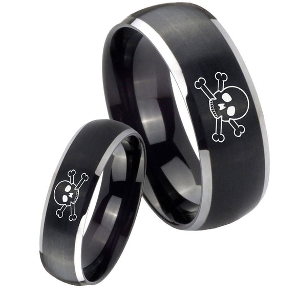 His and Hers Skull Dome Brushed Black 2 Tone Tungsten Mens Promise Ring Set