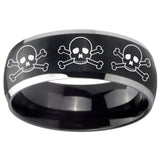 8mm Multiple Skull Dome Brushed Black 2 Tone Tungsten Carbide Bands Ring
