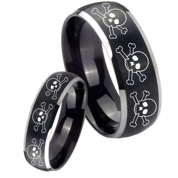 His Hers Multiple Skull Dome Brushed Black 2 Tone Tungsten Engagement Ring Set
