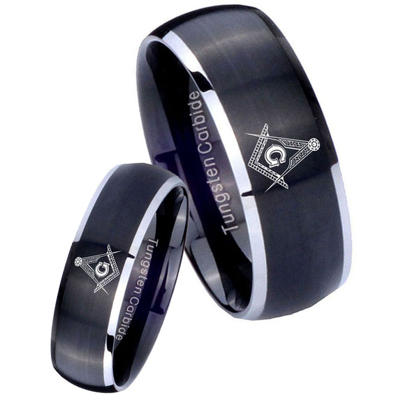 His Hers Master Mason Dome Brushed Black 2 Tone Tungsten Mens Ring Set