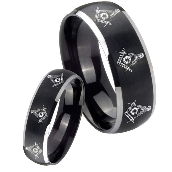 His Hers Multiple Master Mason Dome Brushed Black 2 Tone Tungsten Ring Set