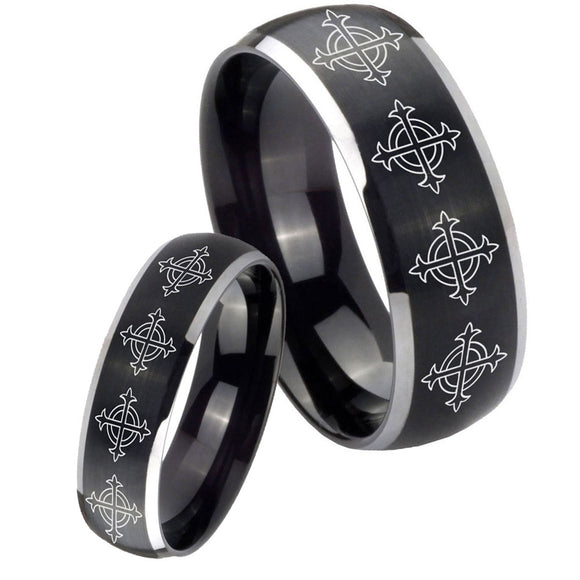 His Hers Multiple Crosses Dome Brushed Black 2 Tone Tungsten Rings for Men Set