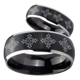 His Hers Multiple Crosses Dome Brushed Black 2 Tone Tungsten Rings for Men Set