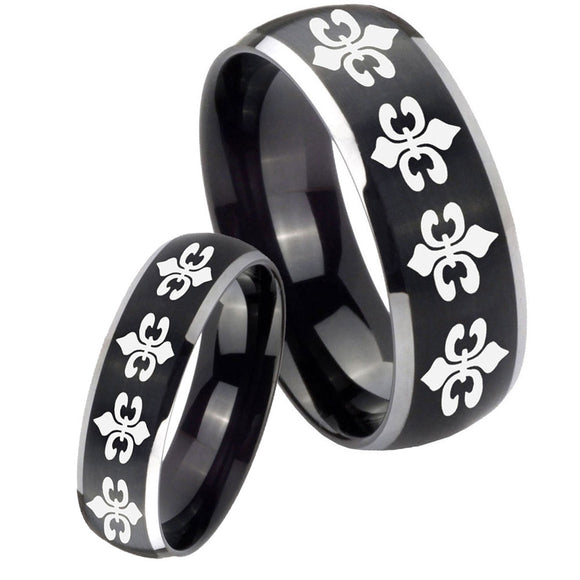 His Hers Multiple Fleur De Lis Dome Brushed Black 2 Tone Tungsten Engraved Ring Set