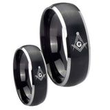 His Hers Master Mason Masonic Dome Brushed Black 2 Tone Tungsten Rings Set