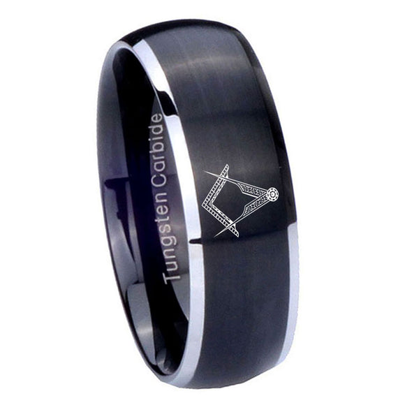 8mm Masonic Dome Brushed Black 2 Tone Tungsten Carbide Engraved Ring
