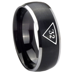 8mm Masonic 32 Triangle Freemason Dome Brushed Black 2 Tone Tungsten Carbide Mens Ring Personalized