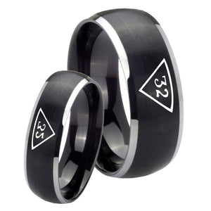 His Hers Masonic 32 Triangle Freemason Dome Brushed Black 2 Tone Tungsten Mens Wedding Ring Set