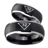 His Hers Masonic 32 Triangle Freemason Dome Brushed Black 2 Tone Tungsten Mens Wedding Ring Set