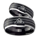 His Hers Masonic 32 Duo Line Freemason Dome Brushed Black 2 Tone Tungsten Mens Wedding Ring Set