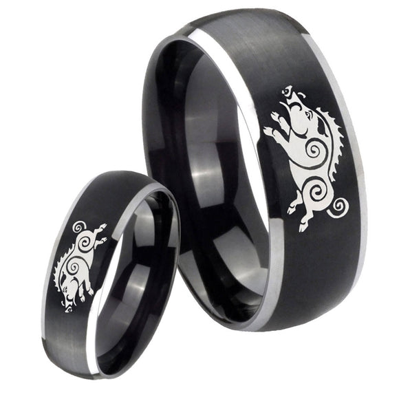 His Hers Wild Boar Dome Brushed Black 2 Tone Tungsten Engraved Ring Set