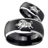 His Hers Wild Boar Dome Brushed Black 2 Tone Tungsten Engraved Ring Set