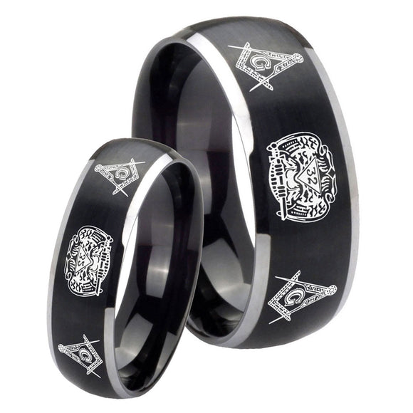 His Hers Masonic 32 Design Dome Brushed Black 2 Tone Tungsten Wedding Band Ring Set