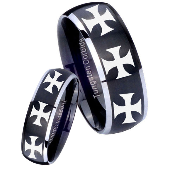 His Hers Multiple Maltese Cross Dome Brushed Black 2 Tone Tungsten Rings Set