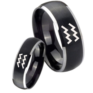 His Hers Aquarius Horoscope Dome Brushed Black 2 Tone Tungsten Mens Ring Set